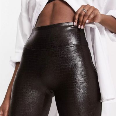 SPANX Croc Embossed Faux Leather Leggings Sz S Small Shaping Compression Brown